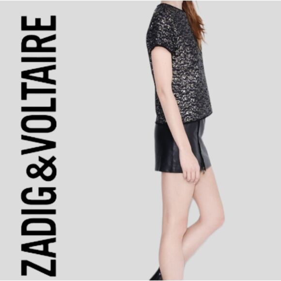 ZADIG & VOLTAIRE SILK BLEND TRUSTY SEQUIN GOLD SILVER EYELASH TRIM BOXY FIT TOP - Picture 2 of 16